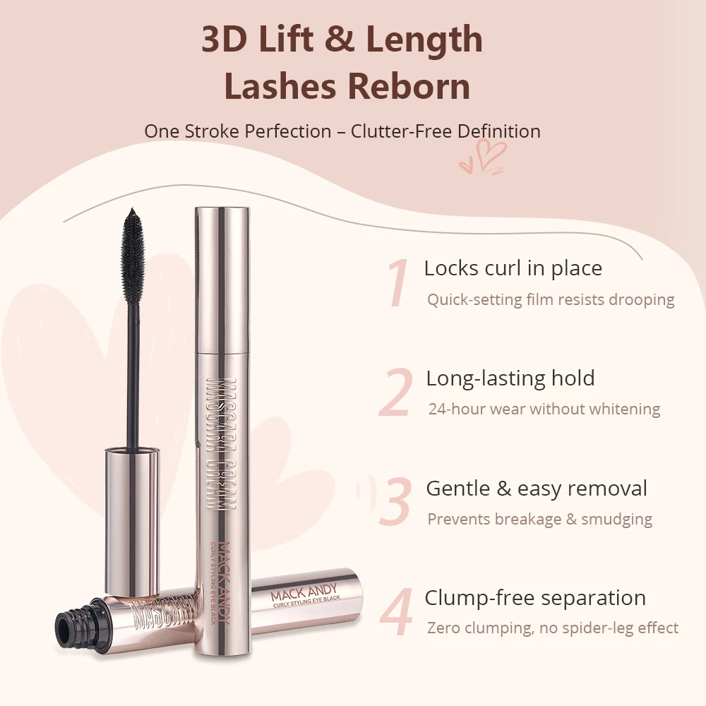 MACKANDY Mascara Curling Fórmula Volumizante y Alargamiento, Mascara Negra Constrible, Resistente a Golpes y Larga Resistente a Manchas