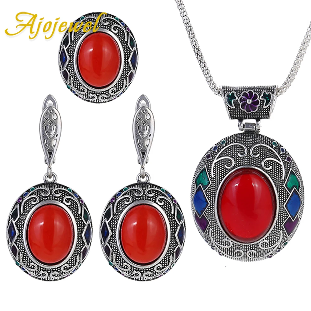 Ajojewel Vintage Ethnic Jewelry Set With Red Stone Cloisonne Enamel Earrings Round Pendant Necklace Ring 7 8 9 Luxury Gifts 2024