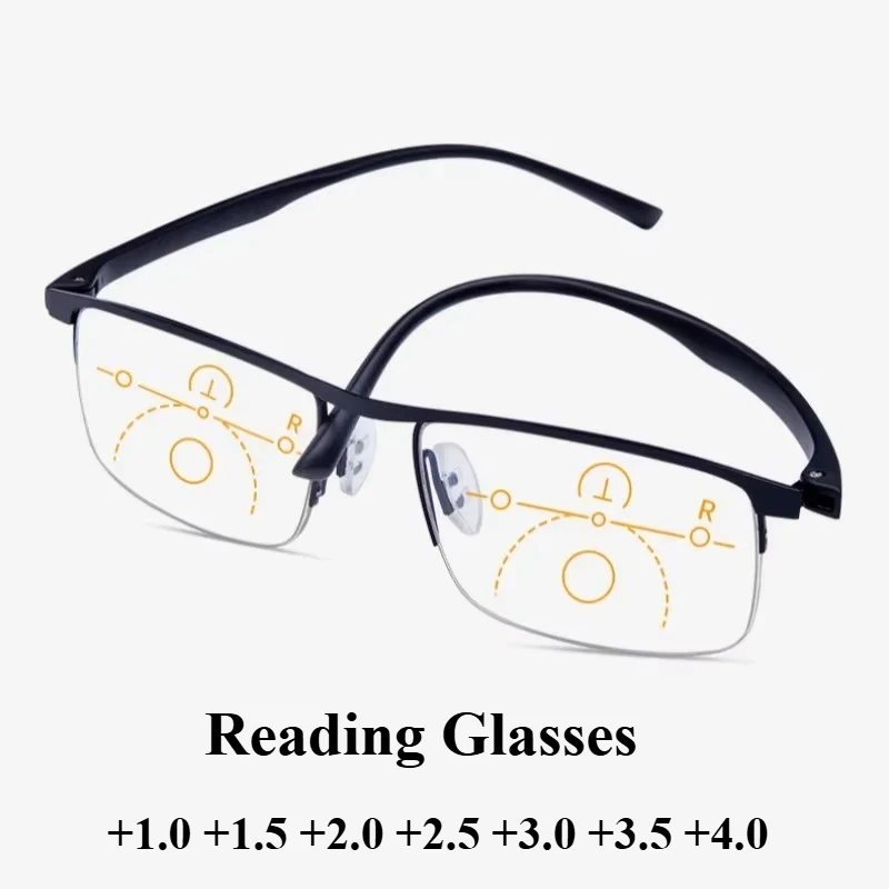 

Men's Business Semi-Frame Multi-Focus Reading Glasses Fashionable Trend Glasses Anti-Blue Light Presbyopia Glasses +1.0 TO +4.0