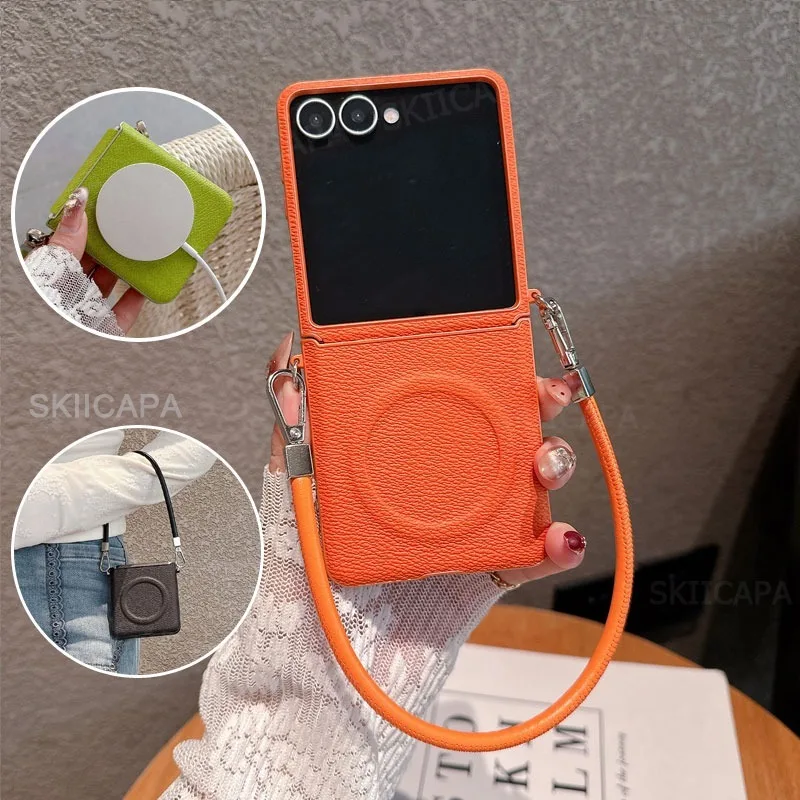 Lanyard Leather Magnetic Case for Samsung Galaxy Z Flip 7 FE Flip6 Flip5 Flip4 Magsafe Wireless Charging Shockproof Cover