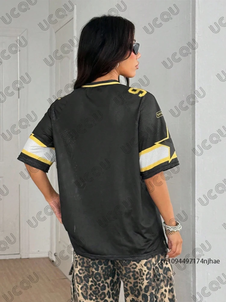 صيف جديد تي شيرت ملابس للنساء كم قصير المرقعة سرعة 91 طباعة الخامس الرقبة تيز كرة قدم رياضية جيرسي Y2k المتضخم القمم