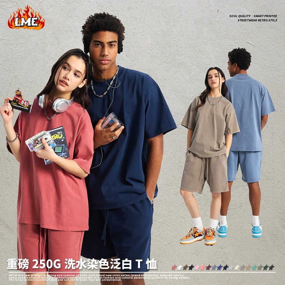 핫 세일 맞춤 로고 남성 의류 250GSM 헤비웨이트 코튼 빈티지 산성 워싱 오버사이즈 티셔츠 남성용
