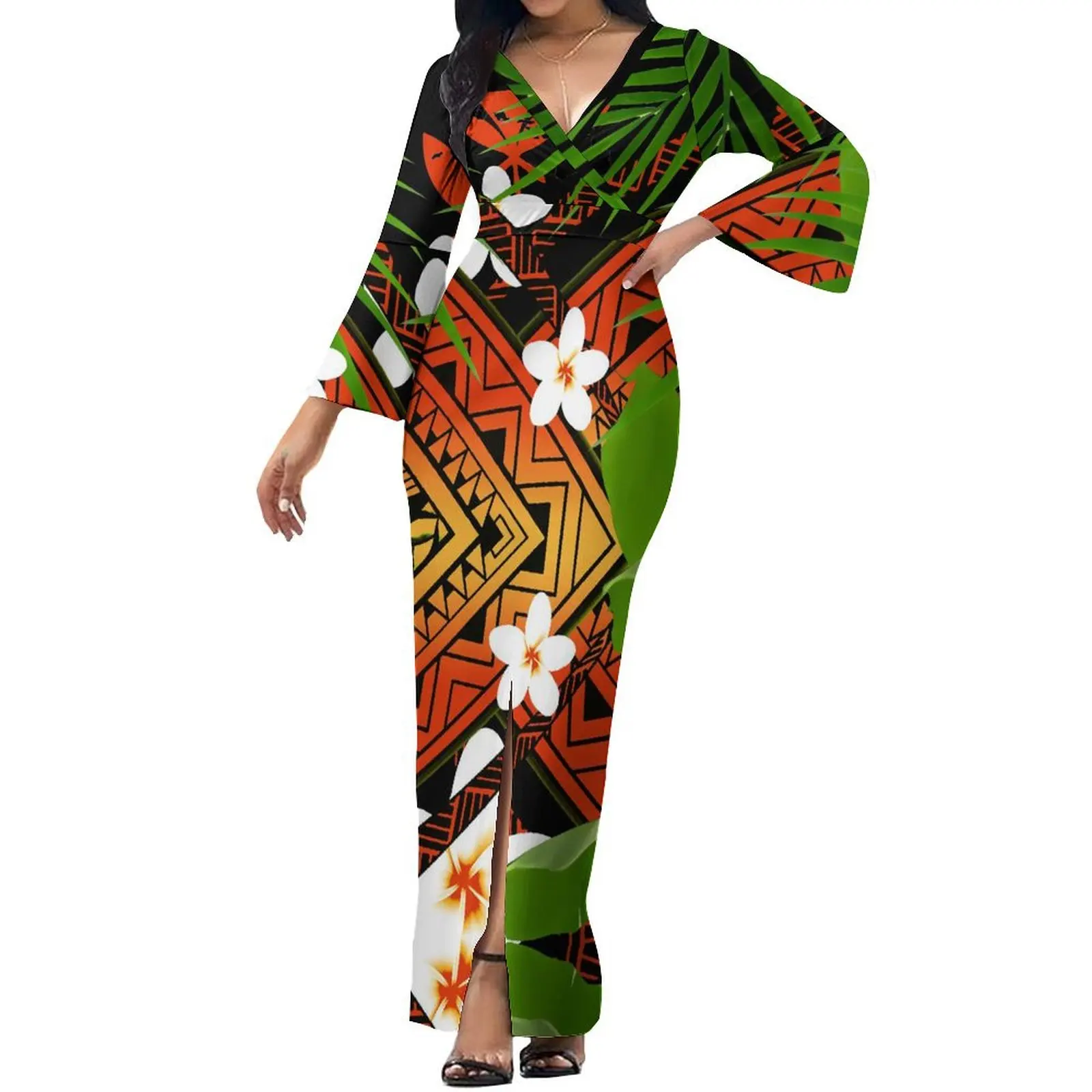 

Polynesian Women's Party Dresses Elegant Dress Sexy V-Neck Flared Sleeve Wrap-Around Tight Dress Samoa Hawaii Women's Wear