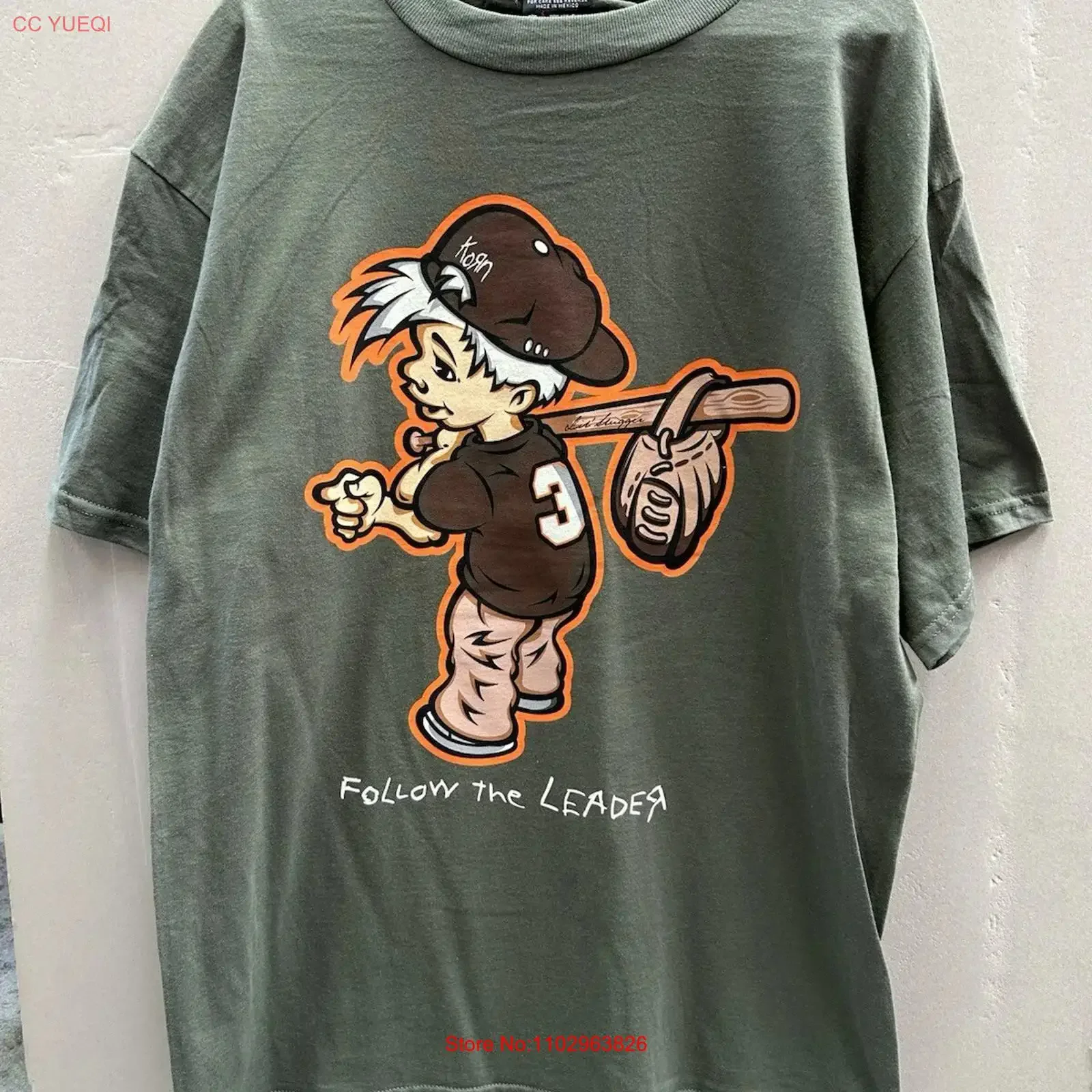 Camiseta Vintage Korn Follow The Leader dos anos 90, tamanho grande, verde, etiqueta Giant Tultex, vintage, lavada, macia, streetwear, gráfica, masculina.