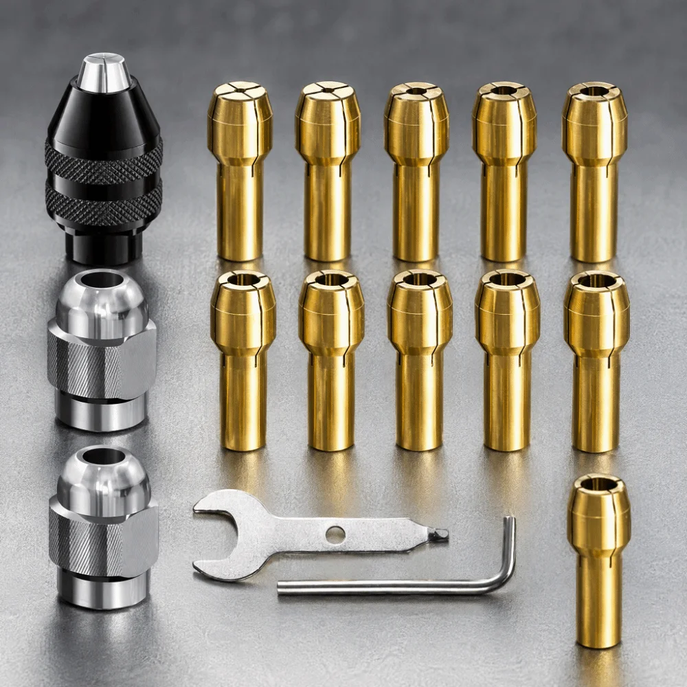 16-Piece Rotary Tool Chuck Set 0.8-3mm Shank Keyless Design Quick Change Chuck Set Brass Chuck Metal Nuts Drill Bit Adapter Kit