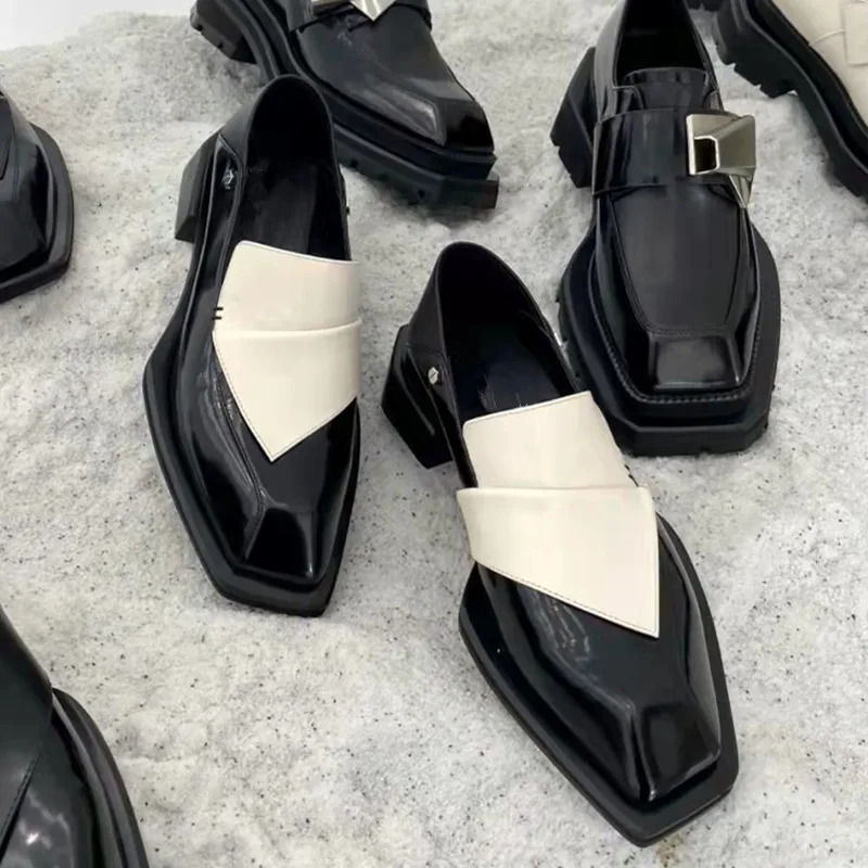 Diagonal Black and White Contrasting Lefu Shoes for Women's Square Toe Single Shoes Thick Heels Unisex Small Leather Shoes Trend