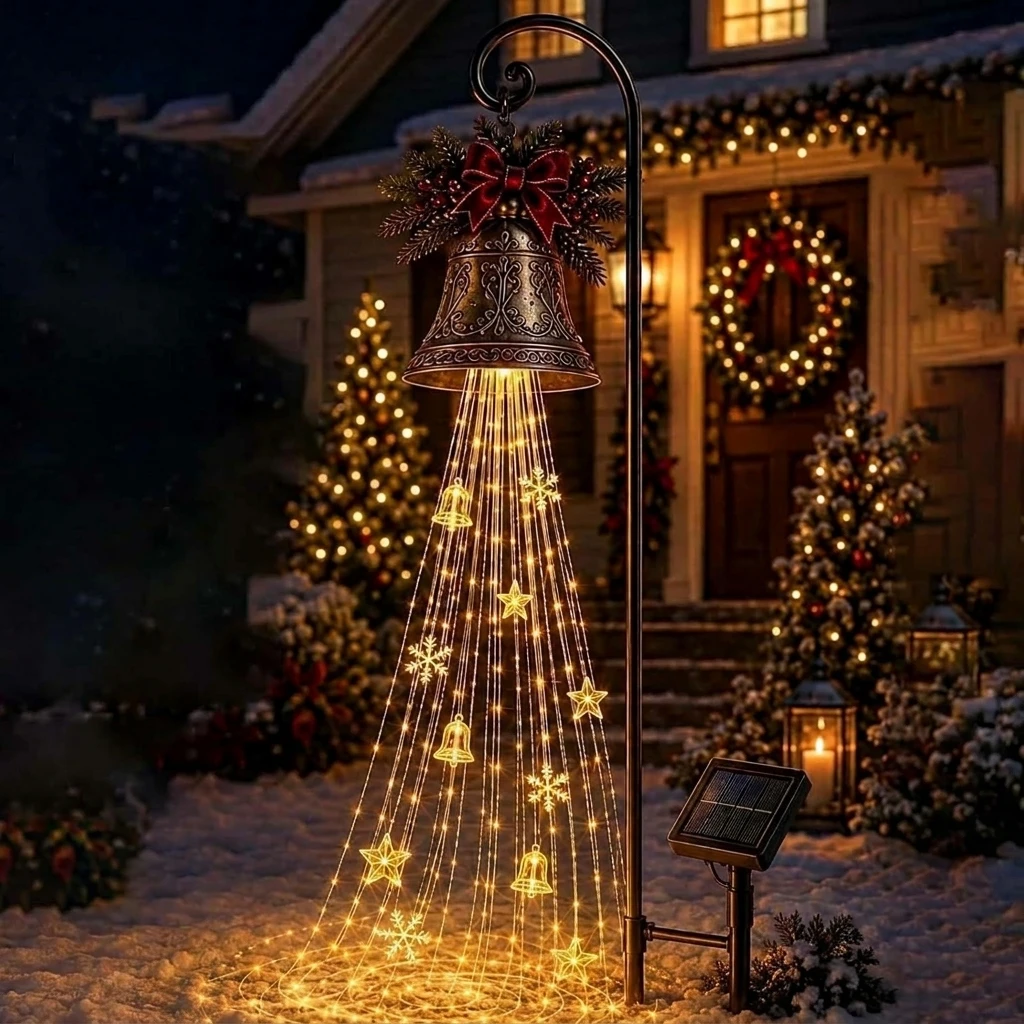 1PC Christmas Bell Waterfall Light Festive Resin Solar Powered Lamp for Garden Yard Outdoor Holiday Patio Decoration