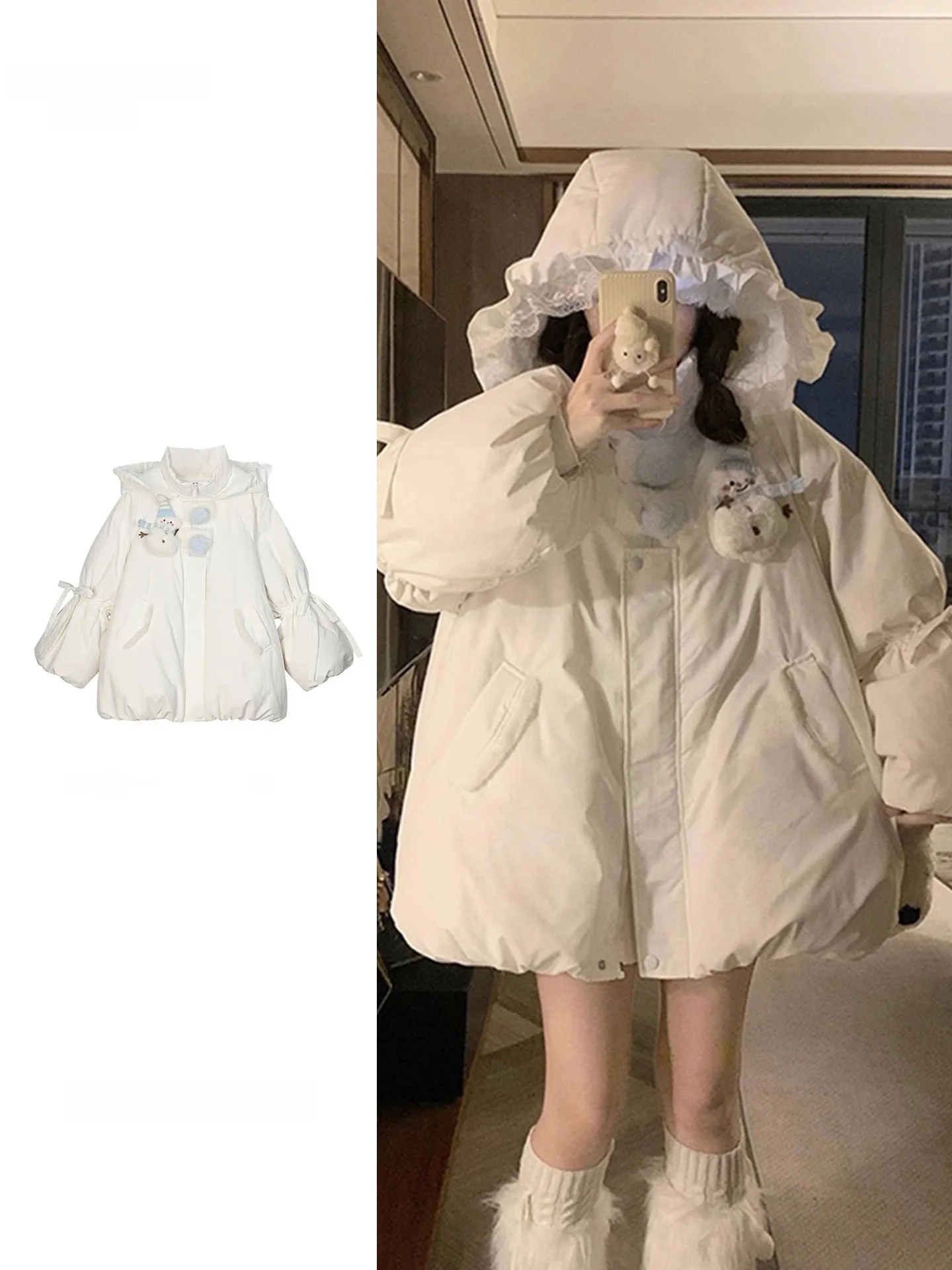 

plus Size White Sweet Style Little Snowman Hooded Bloom Cotton Jacket Women's Fashion 2026 New Winter Thickened Bread Coat