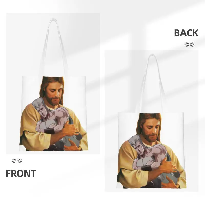 Polnareff And His Stand Groceries Shopping Bag Printed Canvas Shopper Shoulder Tote Bag Jojo's Bizarre Adventure Jesus Handbag