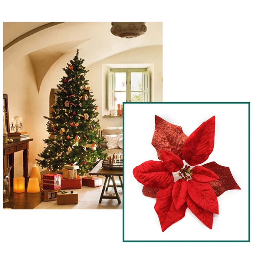 Set Of 6 Large 22cm Poinsettia Glitter Flowers For Hanging Suitable For Christmas Trees And Seasonal Home And Event Decorations