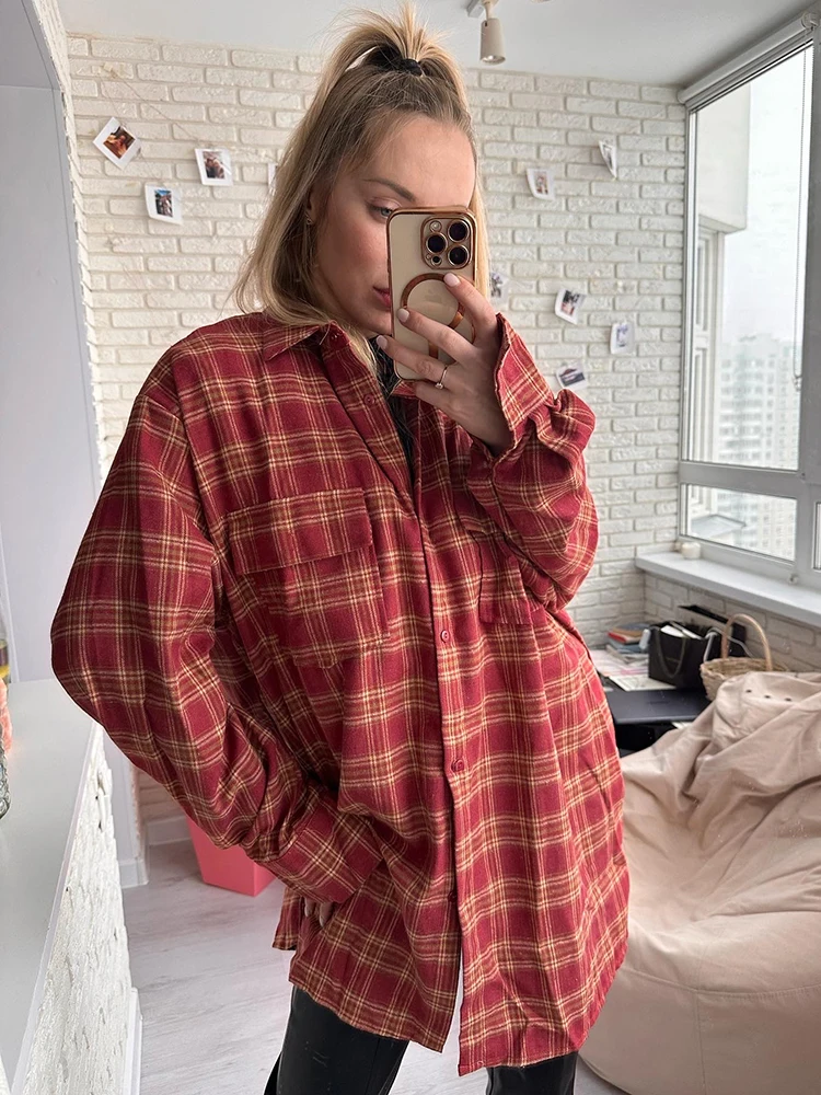 Mnealways18 Street Style Red Plaid Shirts Women Irregular Long Sleeves Oversized Blouses Autumn 2024 Loose Gingham Tops Trendy