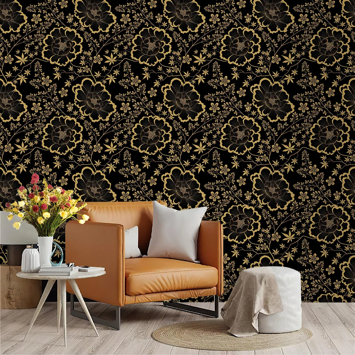 Peel and Stick Wallpaper Black Contact Paper Gold Floral Boho Removable Wall Paper for Cabinets Bedroom Self Adhesive Vinyl