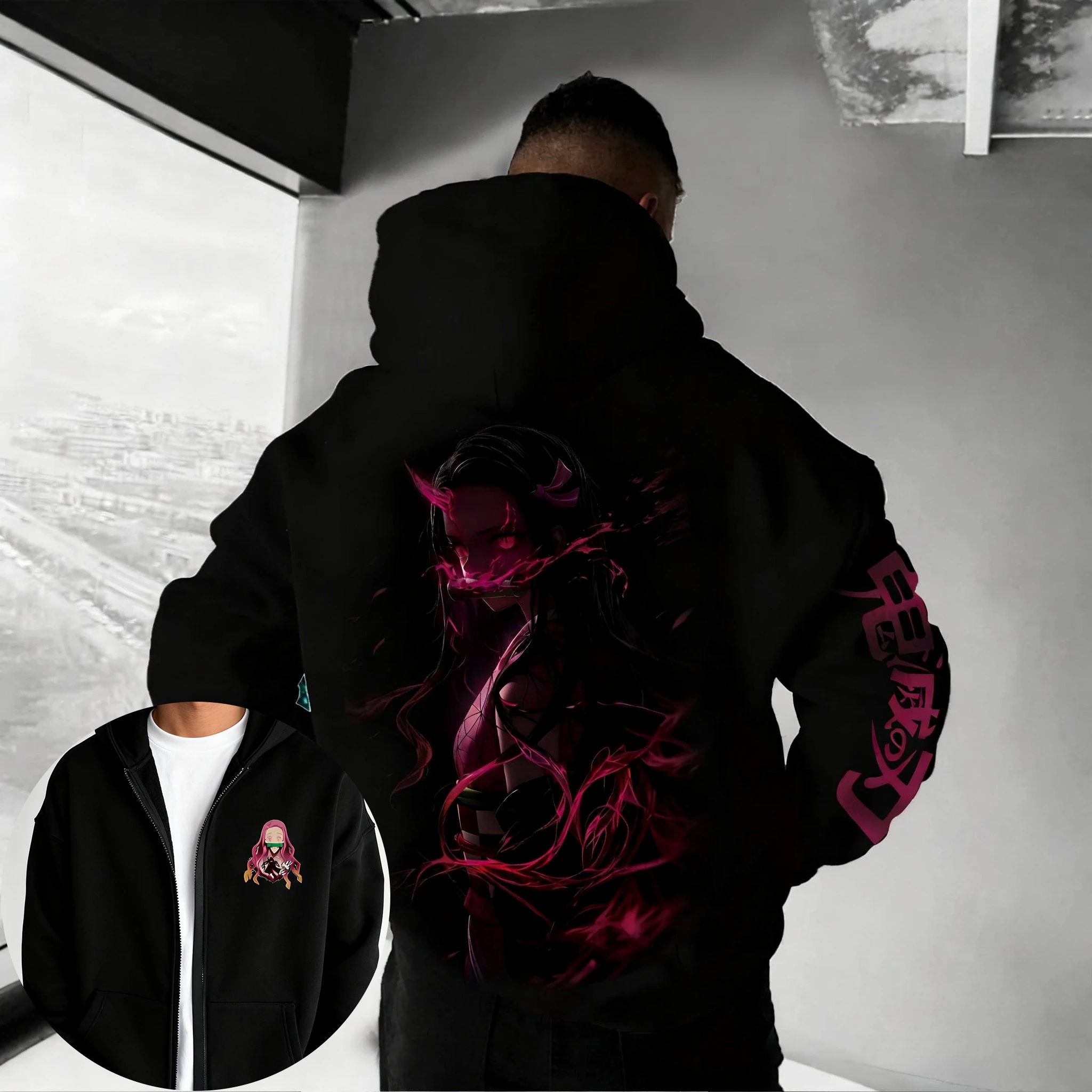 

Толстовка на молнии в стиле аниме Demon Slayer, 2026, мужская весна/лето, новый уличный хип-хоп, модный универсальный свободный хлопковый свитер Y2K, топ