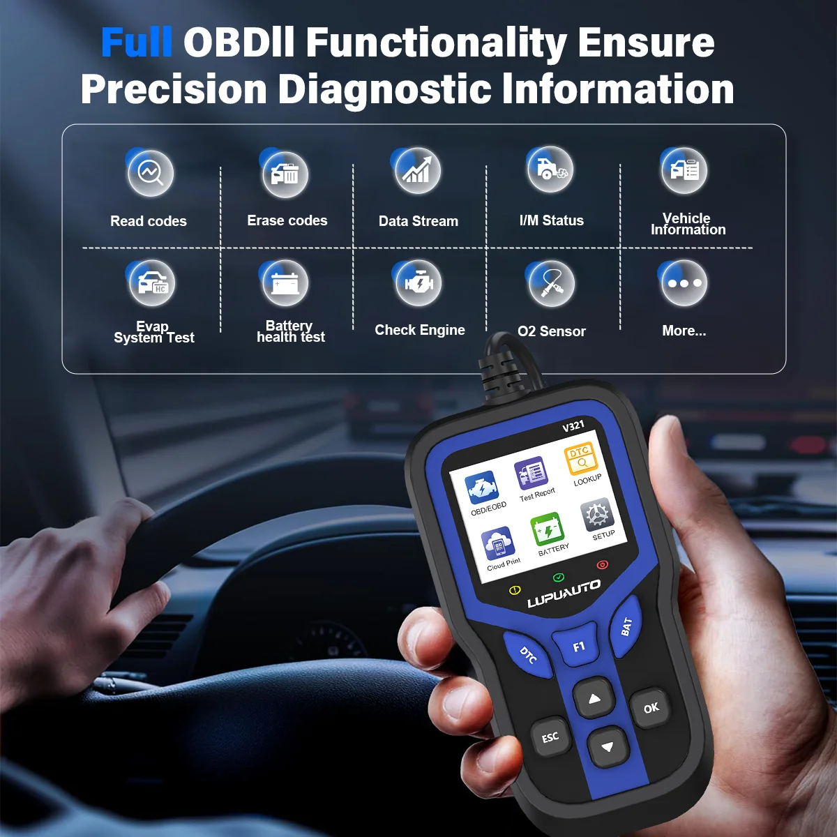 Car OBD2 Scanner Diagnostic Tool Code Reader, Car Voltage Tester Engine Fault Code Scanner, I/M readiness detection
