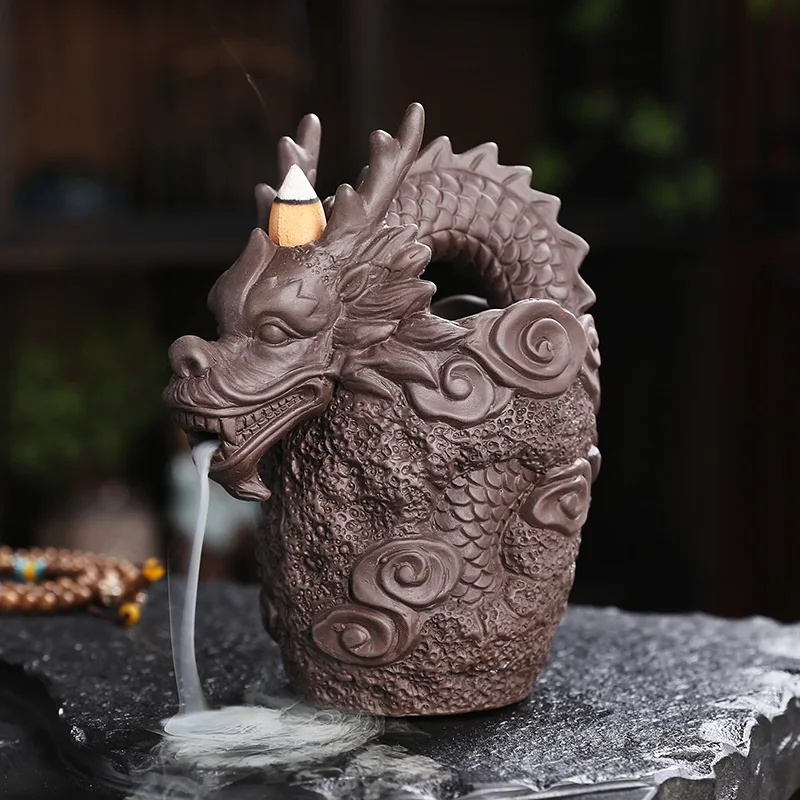 Purple Clay Dragon Incense Waterfall Ceramic Smoke Backflow Cone Holder Include  Cones Home Decor