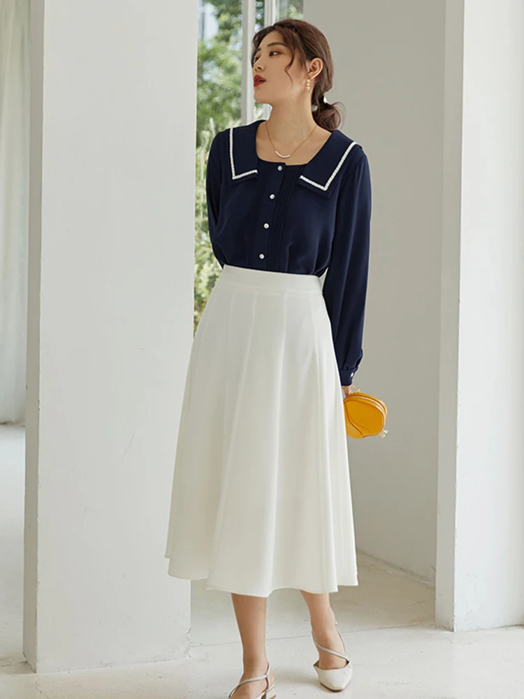 DUSHU Elegant Black Long Skirt Pleated Skirt Women Vitnage White High Waist Skirt Female Autumn Winter A-line Skirt