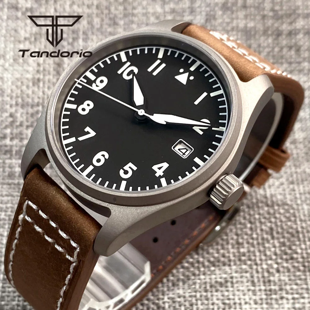 Tandorio Titanium 39mm Pilot NH35A 20bar Dive Men\'s Automatic Watch Aviator Dial Date Sapphire Glass Screw Crown Green Luminous