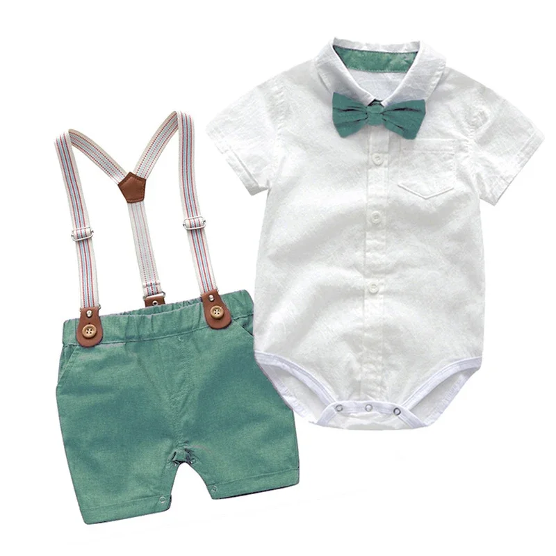 

Baby Boy Summer Gentleman Birthday Suits Cotton Romper + Belt Pants Set