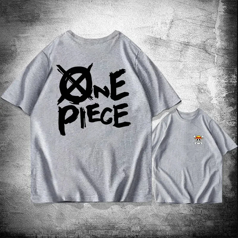 일본 애니메이션 원피스 티셔츠 반팔 옷 라운드 넥 편지 인쇄 패턴 인쇄 남성과 여성 조수