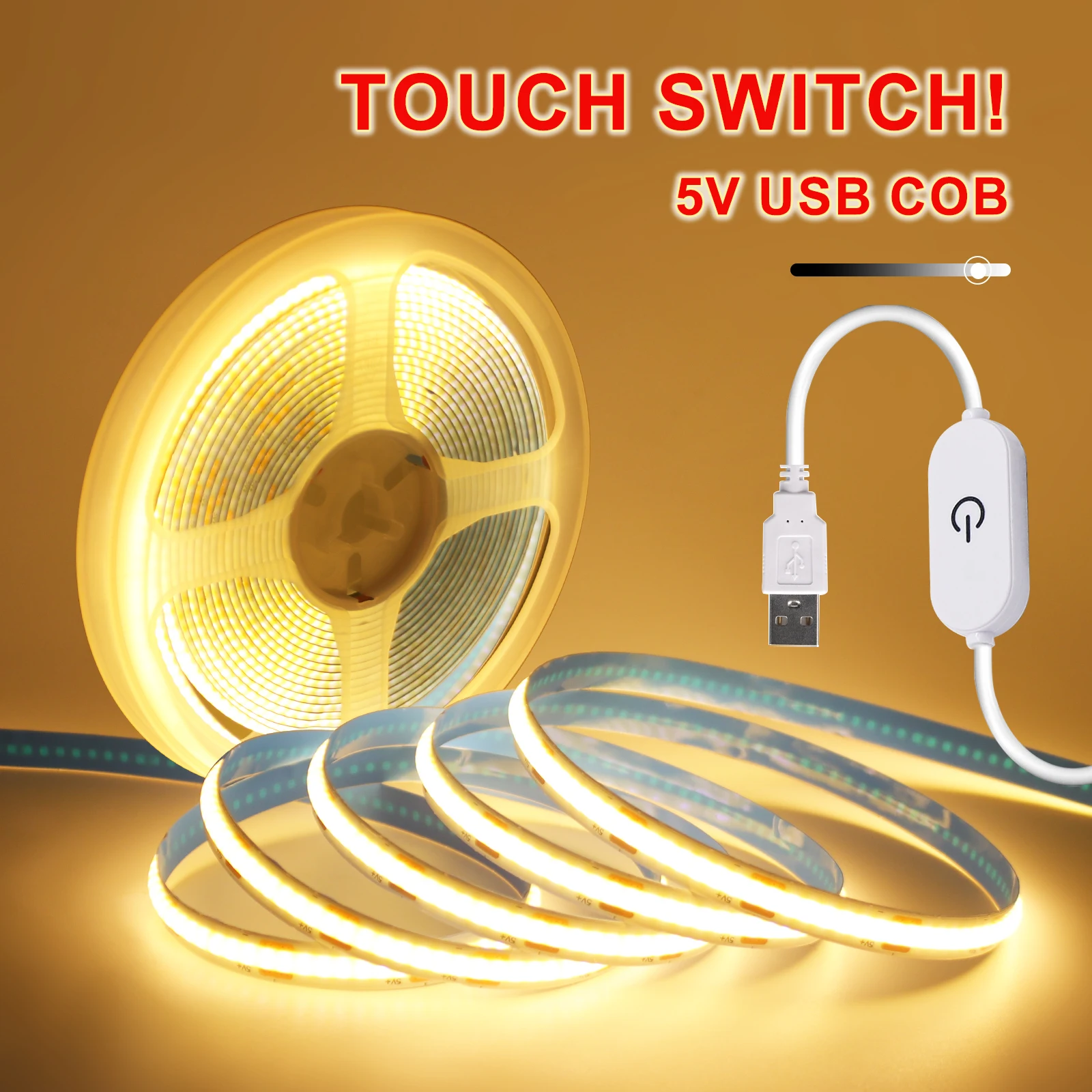 USB LED COB Light Strip Touch Dimmer Flexible Diode Tape 5V Linear Indoor Lighting Lamp Room DIY TV Mirror Backlight Wall Decor