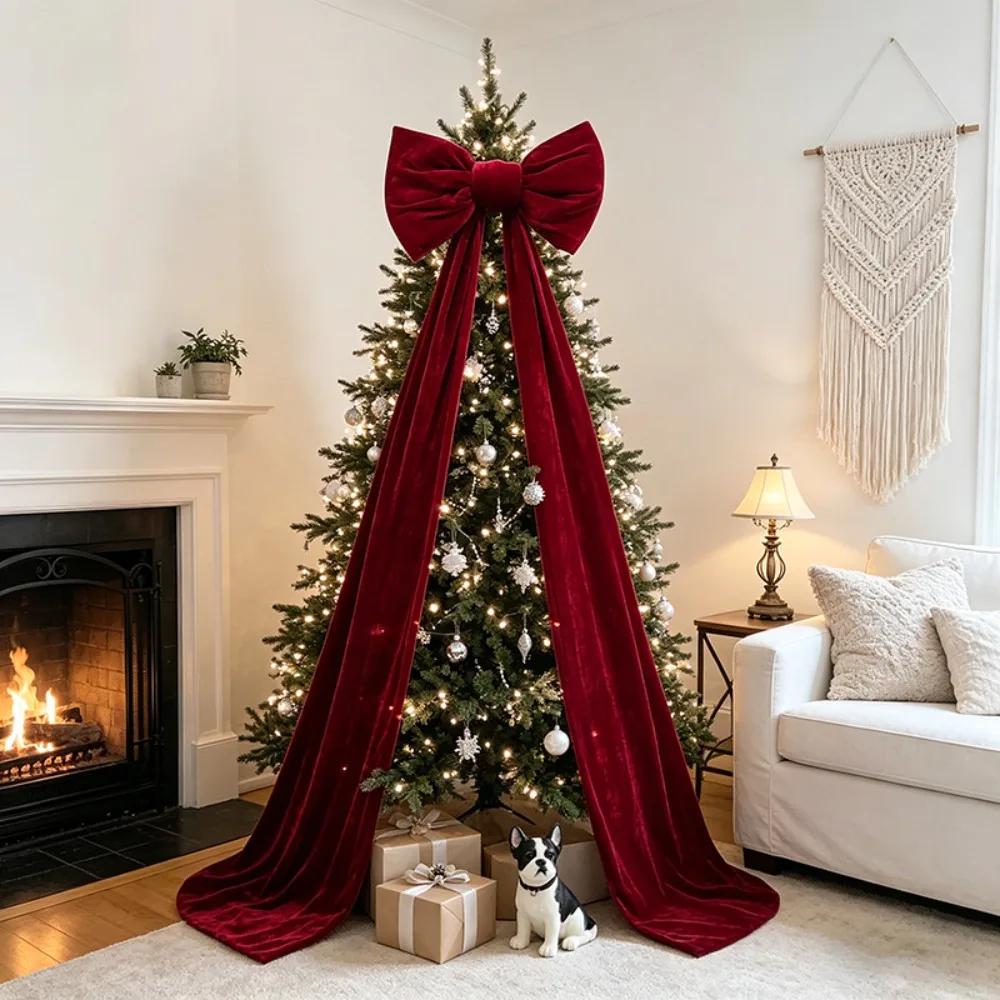 Extra-large wine red bow tie. Suitable for decorating on the top of a Christmas tree. Christmas atmosphere decoration.