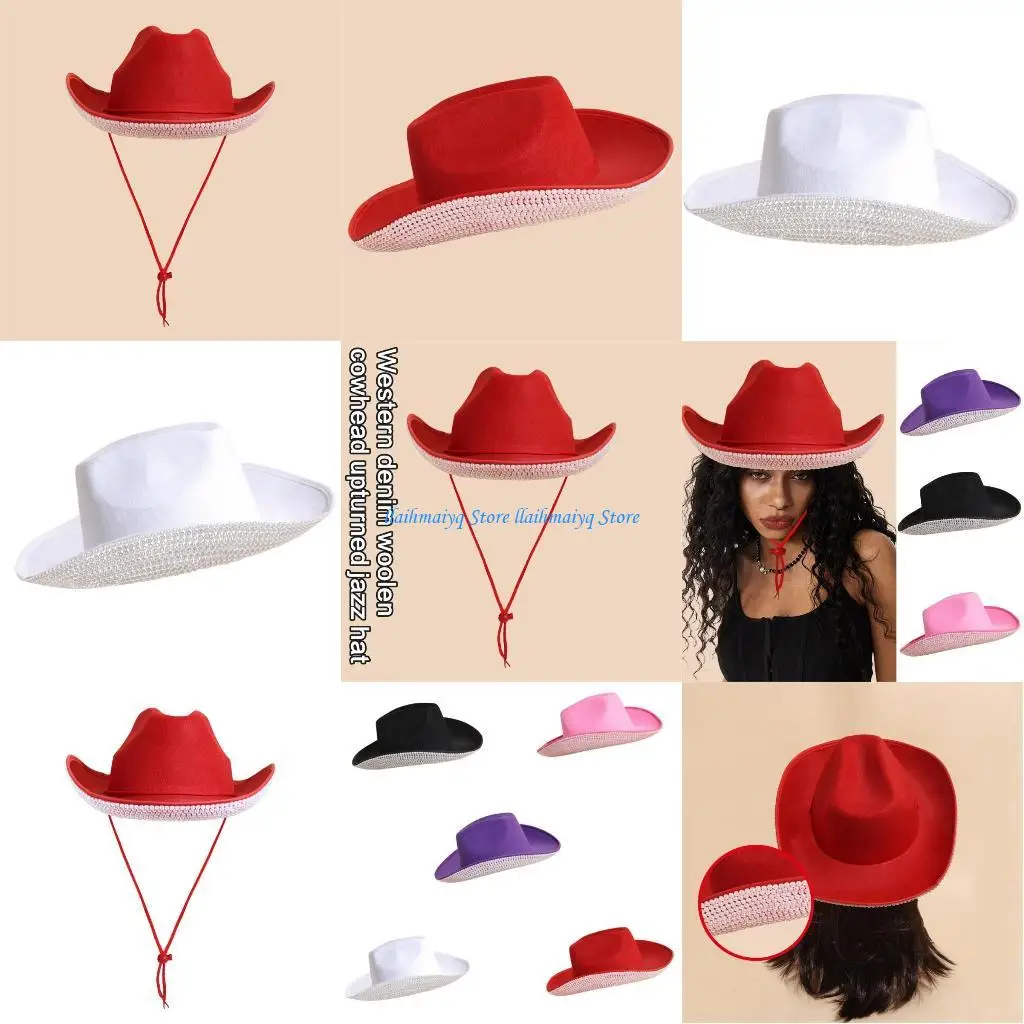 قبعات رعاة البقر 573B مع حبل ذقن قابل للتعديل للحفلات الراقصة والمآدب والحفلات المرصعة بالخرز قبعات رعاة البقر للبالغين في سن