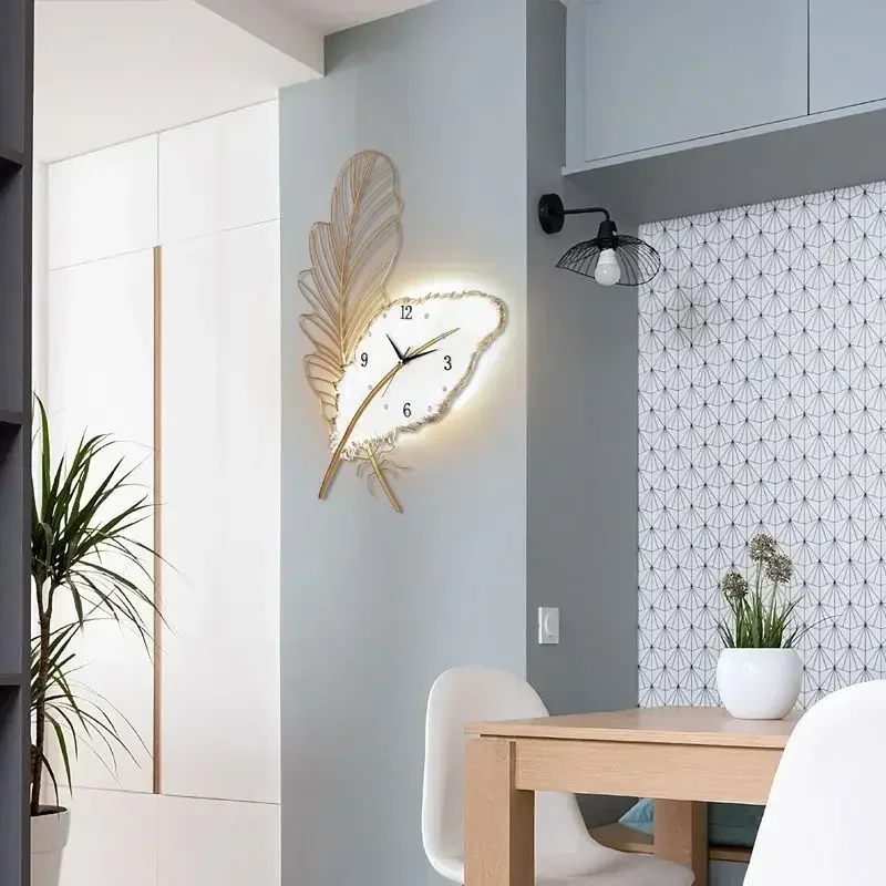 AZ ساعة حائط ديكور المنزل ضوء فاخر ريشة ساعات الحائط التصميم الحديث غرفة المعيشة المنزلي الديكور الساعات الرقمية #3