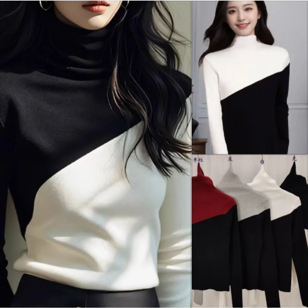 

Черно-белый контрастный свитер для женщин с высоким воротом, осенне-зимний вязаный пуловер, нижние топы