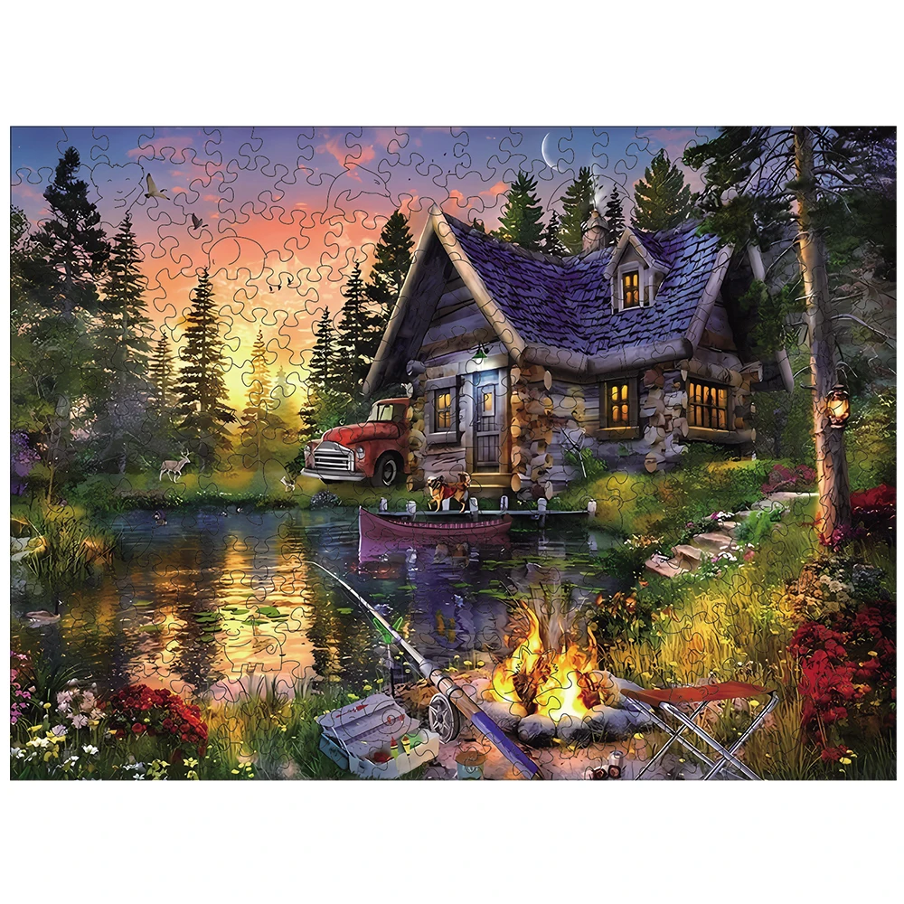 Wooden Puzzle for Adults -Wooden House by the Lake Puzzle, Unique Shape Wooden Jigsaw Puzzles, Modern Art Home Decor