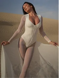 Articat Sexy Mesh Perspective Long Sleeved Pants Women's Jumpsuit 2024 Summer Tight Jumpsuit V-neck Jumpsuit Vacation Beachwear