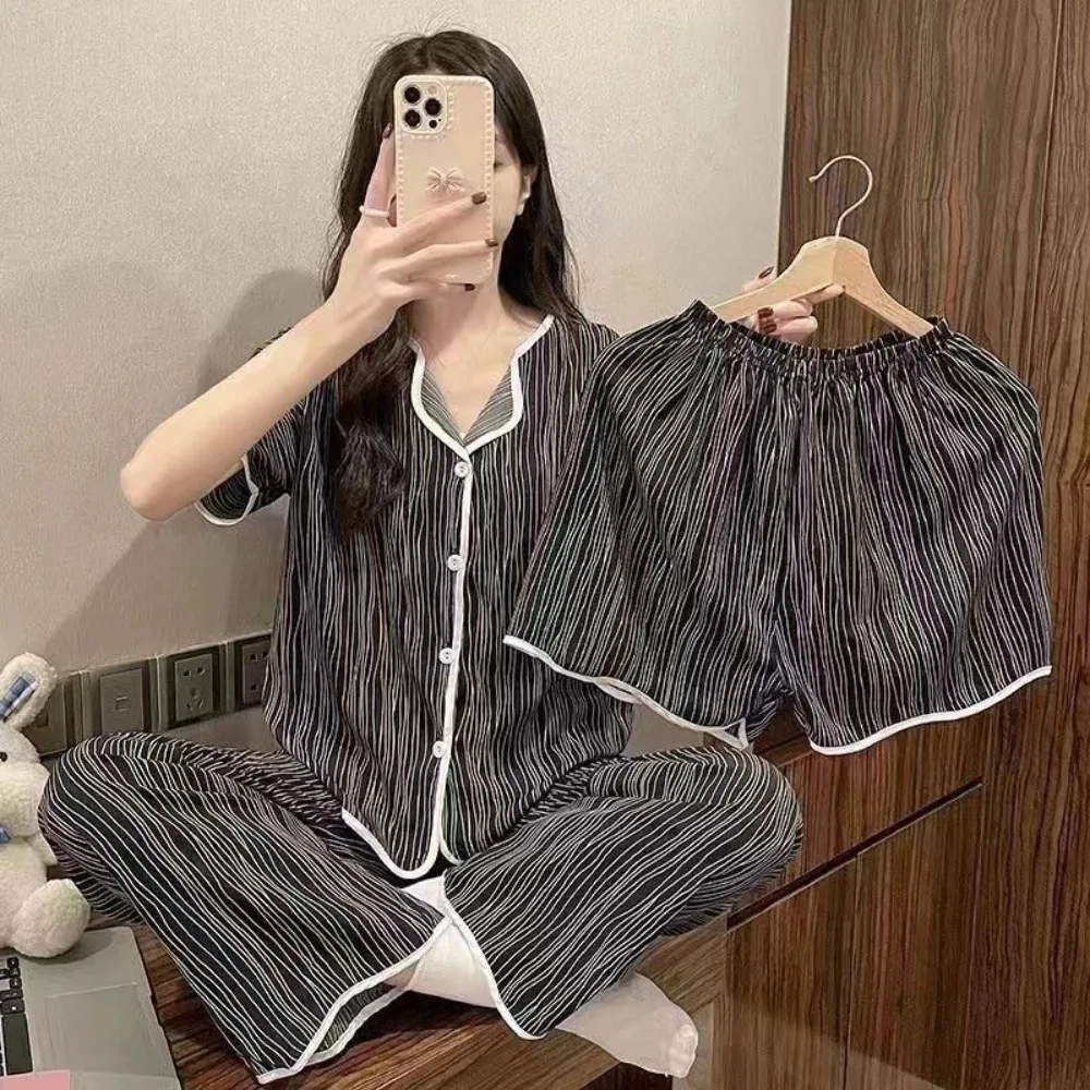 

Fashion Stripe Bowknot Pajamas Suit Ice Silk Short Sleeve Women Sleepwear Set Lapel Collar Homewear Three Pieces Nightwear Gifts