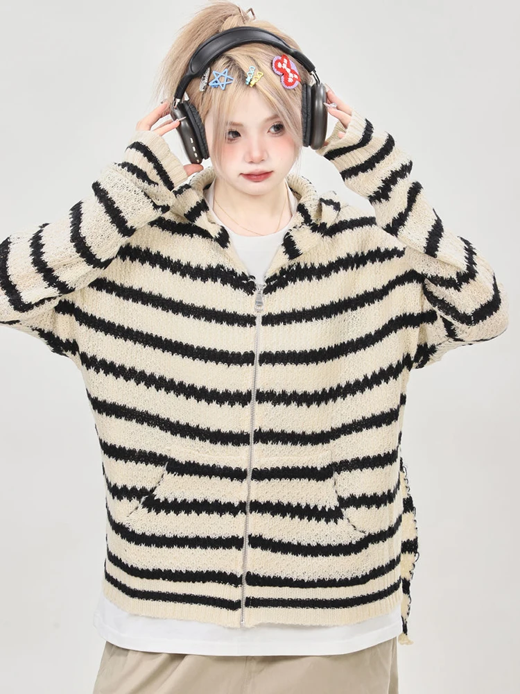 

Japanese Hooded Knitted Cardigan Women Sweet Striped Bunny Ears Loose Sweaters Vintage Casual Zipper Fall Winter Harajuku Tops