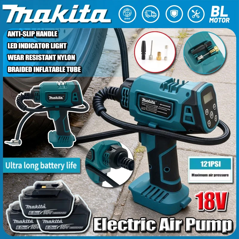 

Беспроводной портативный электрический воздушный насос Makita 12В, перезаряжаемый ручной компрессор для автомобилей, совместимый с аккумулятором Makita 18В