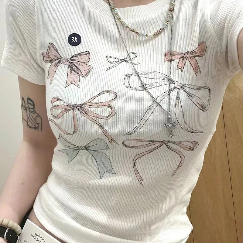 Cherry Cake Print Sweet Cute Summer T-shirts 2024 New Round Neck Ribbed Short Sleeve Tees Female Casual Tight Tshirt Tops Y2K