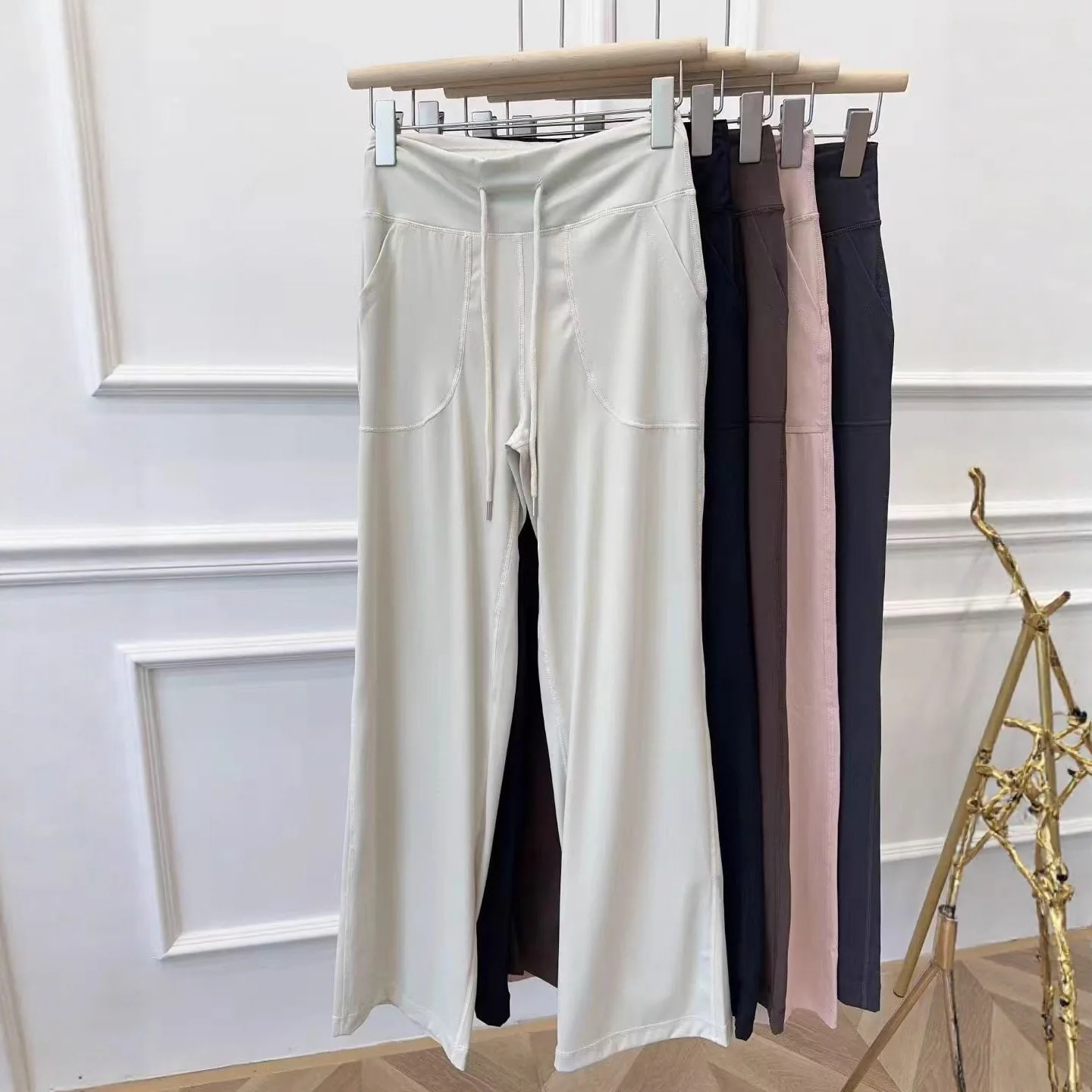 لولو ارتفاع الخصر ثنى بنطال ذو قصة أرجل واسعة المرأة الرباط مطاطا مستقيم قطع فضفاضة تناسب عادية بنطلون طويل 0875