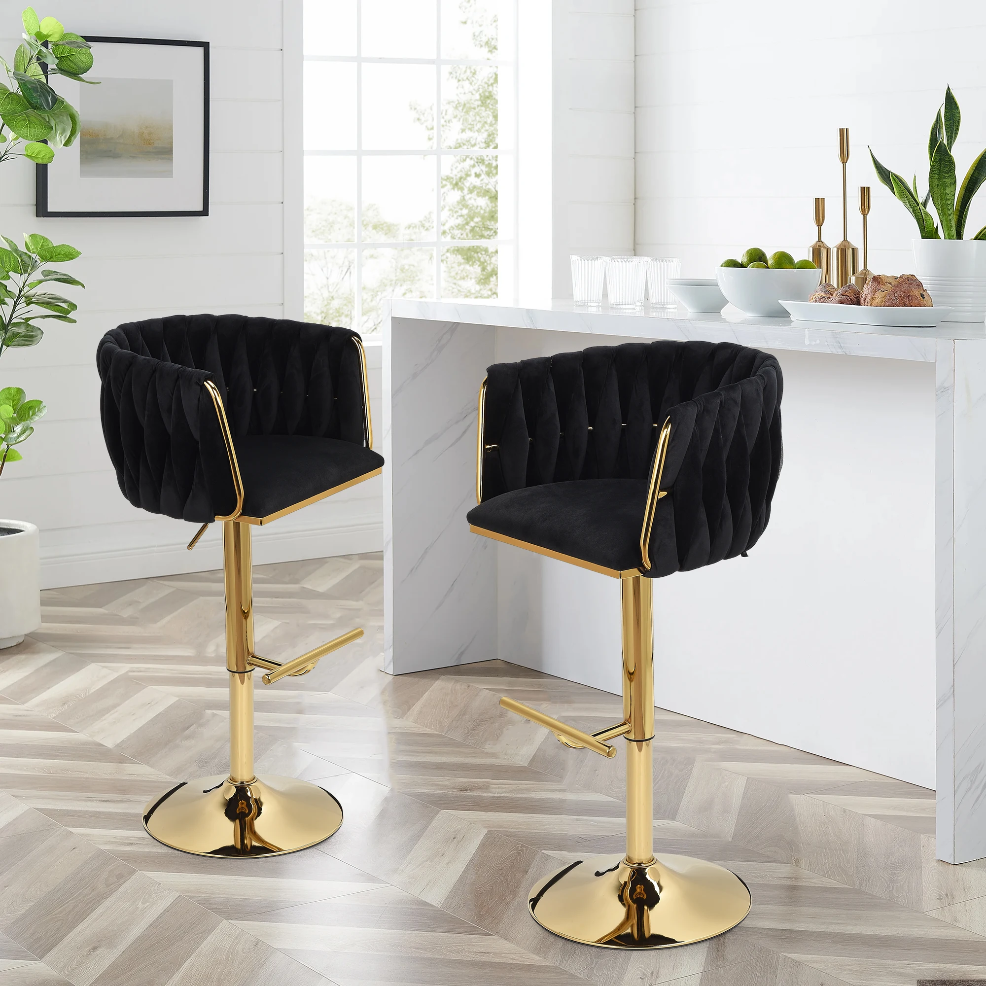Set sgabello da bar da 2 pezzi, sgabello da bar piccolo con schienale, altezza regolabile, sgabello da bancone in velluto e metallo - Nero