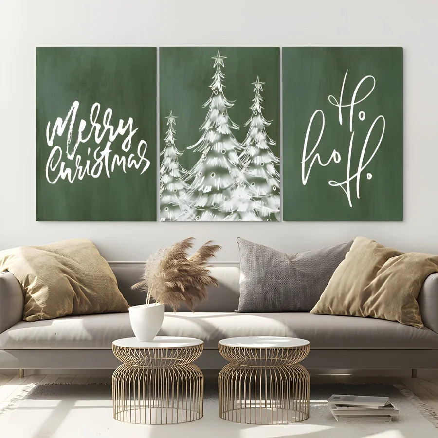 3pcs frameless Canvas Painting 2D/Flat, 3pcs Canvas Poster - Christmas trees and lettering on green canvas - canvas wall art - p