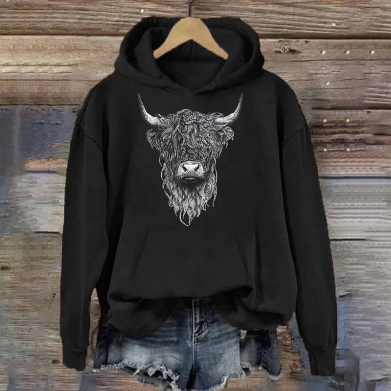 Women\'s Hoodie Highland Cow Print Casual Hoodie for Men Pullover Top Long Sleeve Unisex Sweatshirts With Hooded