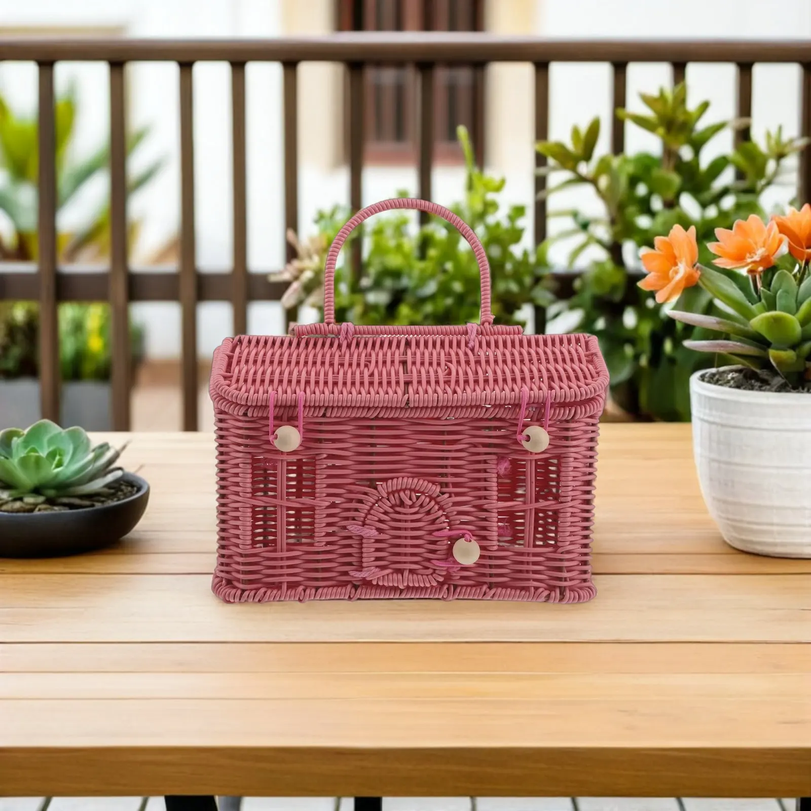 Imitation Rattan Picnic -Shaped Hand Woven Storage Basket Portable Vintage Outdoor Storage Organizer for Picnic