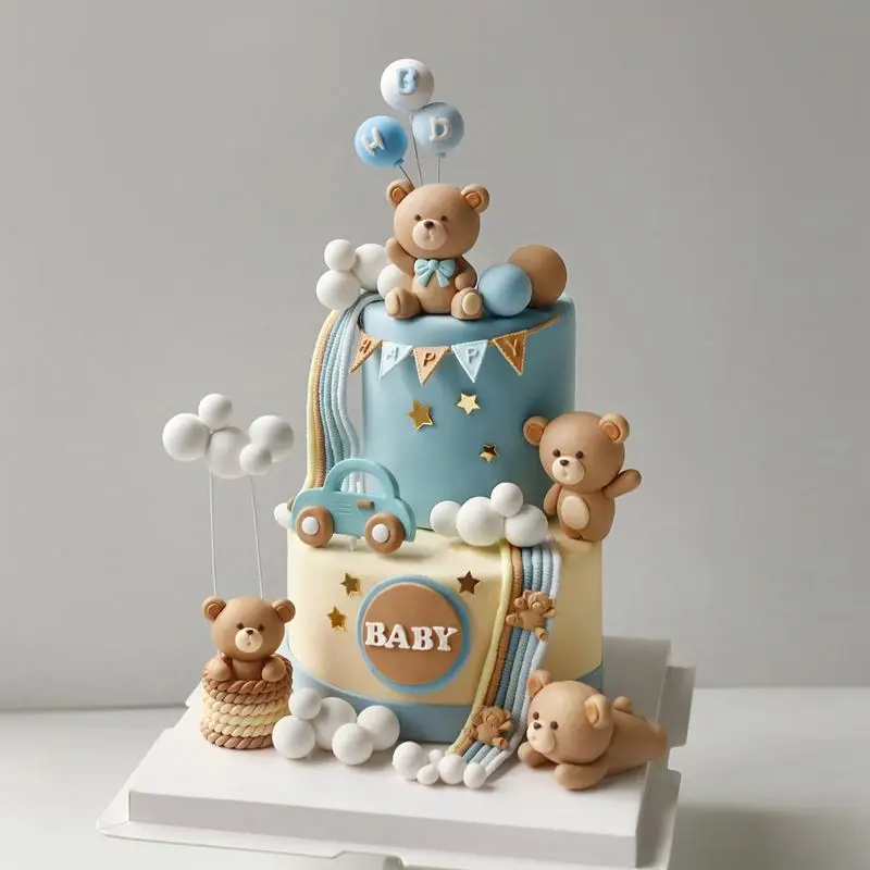 Blaue Bären-Kuchendekoration, Geburtstagsdeko, Weiche Tonfiguren im Bären-Design, Kuchendekoration für Jungen zum 1. Geburtstag, Babyparty-Deko – Detail 1