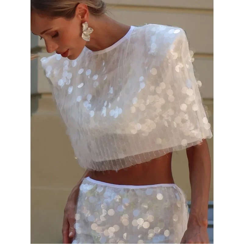 IMU Sexy Women'S Sequin Top Skirt Set See Through Stand Neck Half Sleeve Crop Top Mini Skirts 2026 Summer Lady Beach Holiday Sui