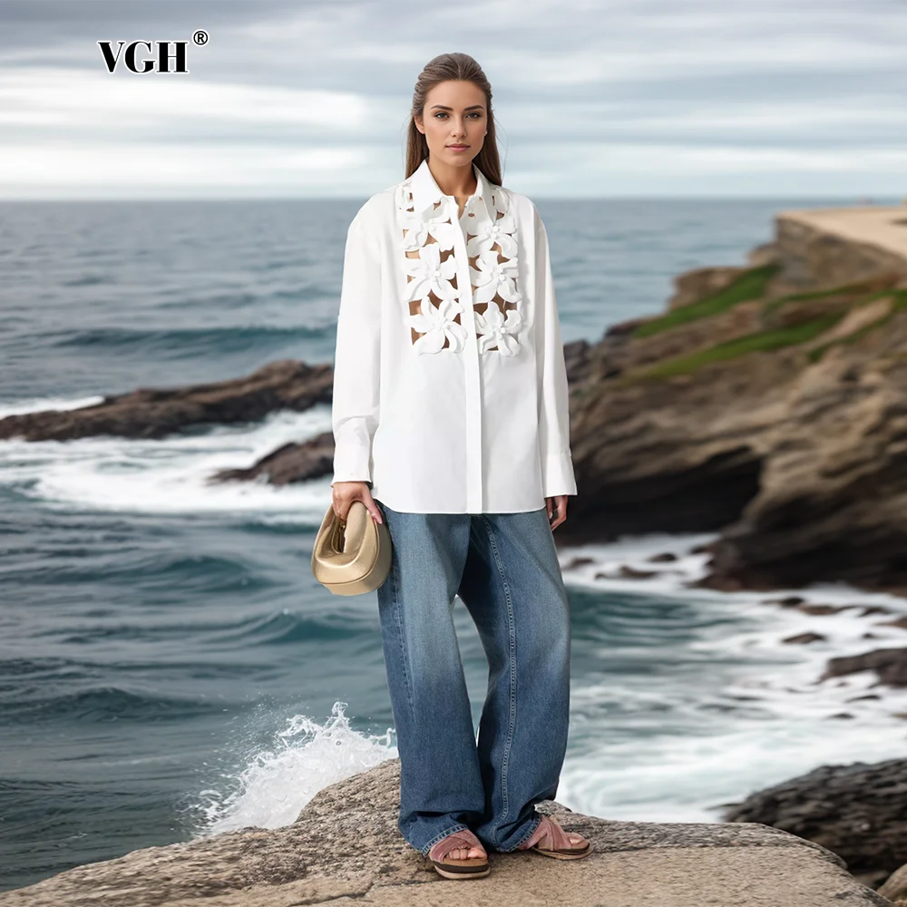 

VGH Hollow Out Patchwork Appliques Casual Shirts For Women Lapel Long Sleeve Minimalist Loose Solid Blouses Female Fashion New