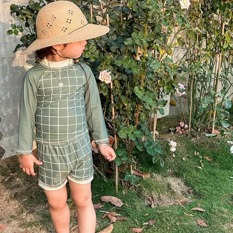 Conjunto de traje de baño de manga larga para niños, Top a cuadros a prueba de sol, bañadores de natación, traje de surf para niños pequeños