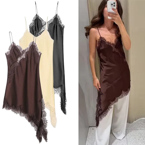 Vestido corto de satén con encaje empalmado para mujer, vestidos de fiesta sexys asimétricos sin mangas y espalda descubierta, vestido de verano 2025 para mujer