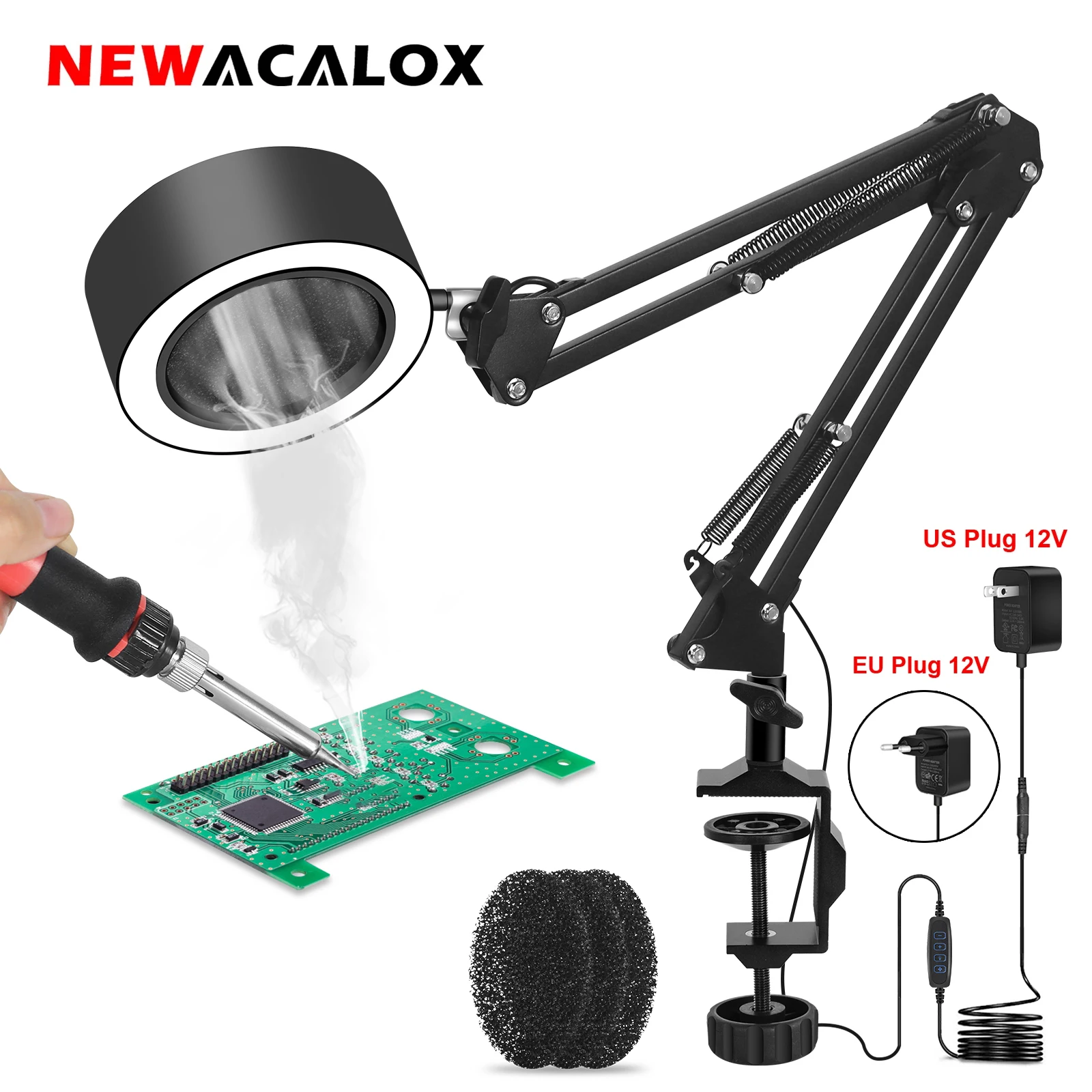 NEWACALOX Adjustable Welding Exhaust Smoking Apparatus with USB 3 Colors LED Light Smoking Device Air Filter Fan for Soldering