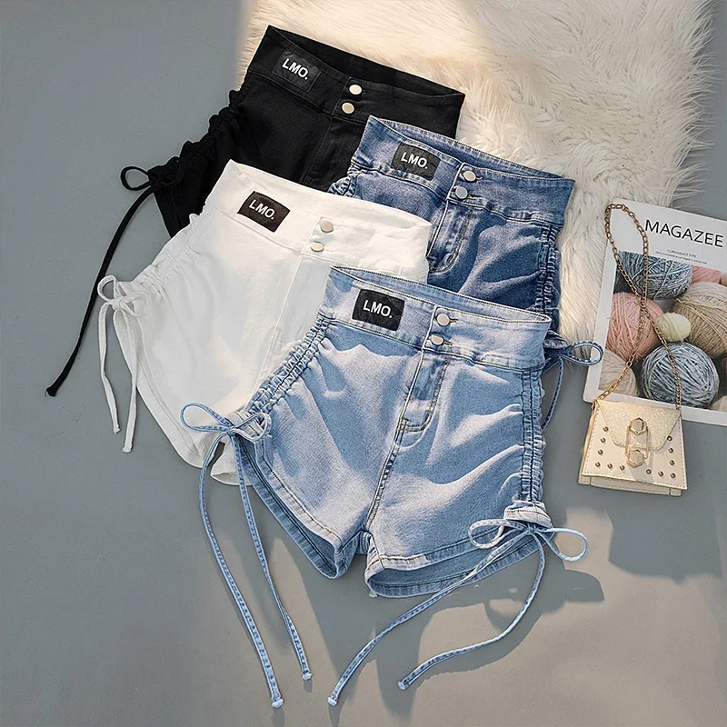 Strap drawstring denim shorts Women's summer high waist, thin, tight, elastic women's hot pants