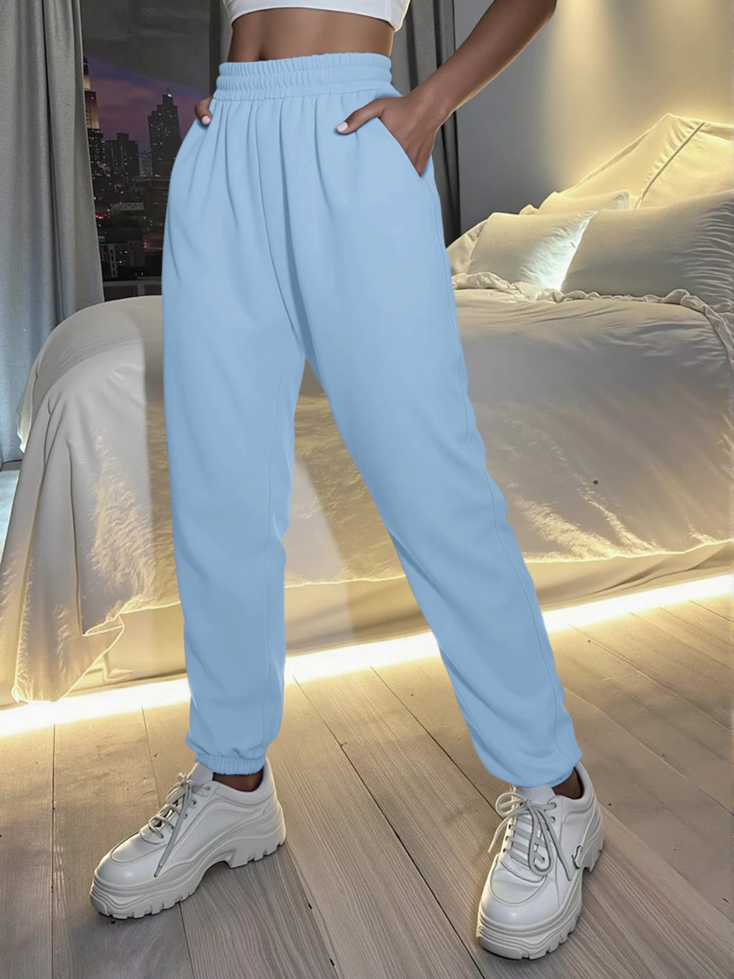Women's High Waist Sweatpants with Elastic Cuffs - Loose Fit Joggers in Black/Gray/Light Blue for Casual & Lounge Wear