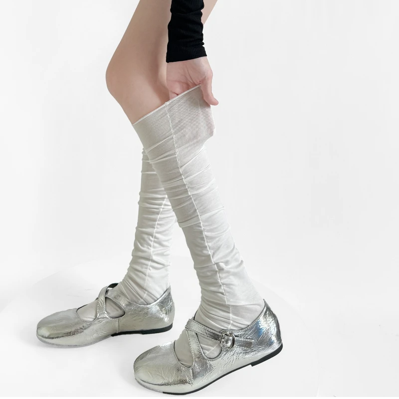 

Cotton Thin Stockings Women Solid Color Black White Gray Socks Thigh High Stocking Japanese Style Knee High Socks Women Stocking