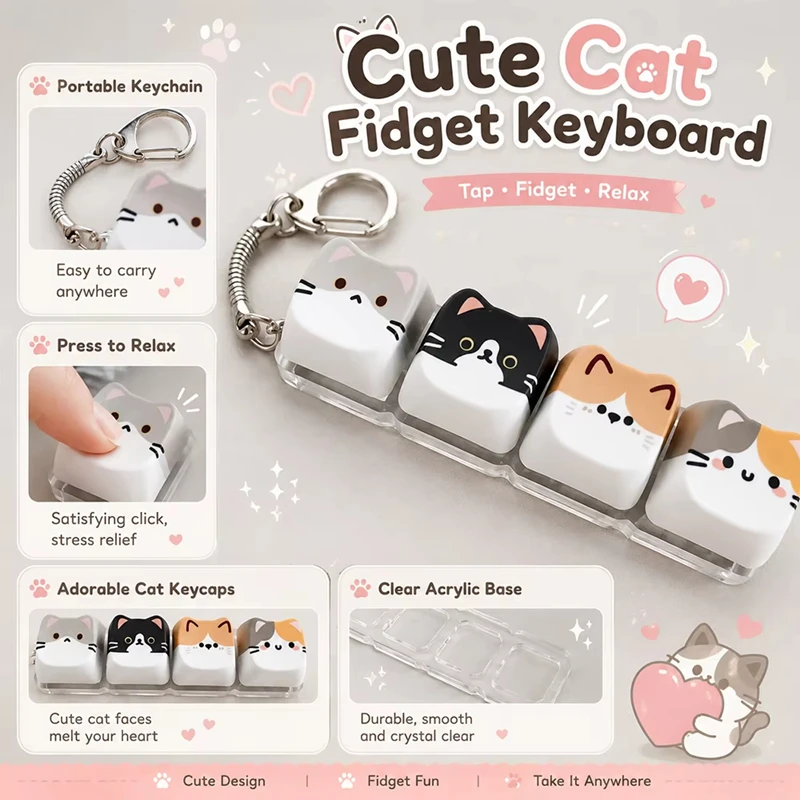 Decompression Button Cute Cat Kitten Keycap Keyboard Button Squeeze And Pinch Music Pendant Keychain Pendant for Friends Gift