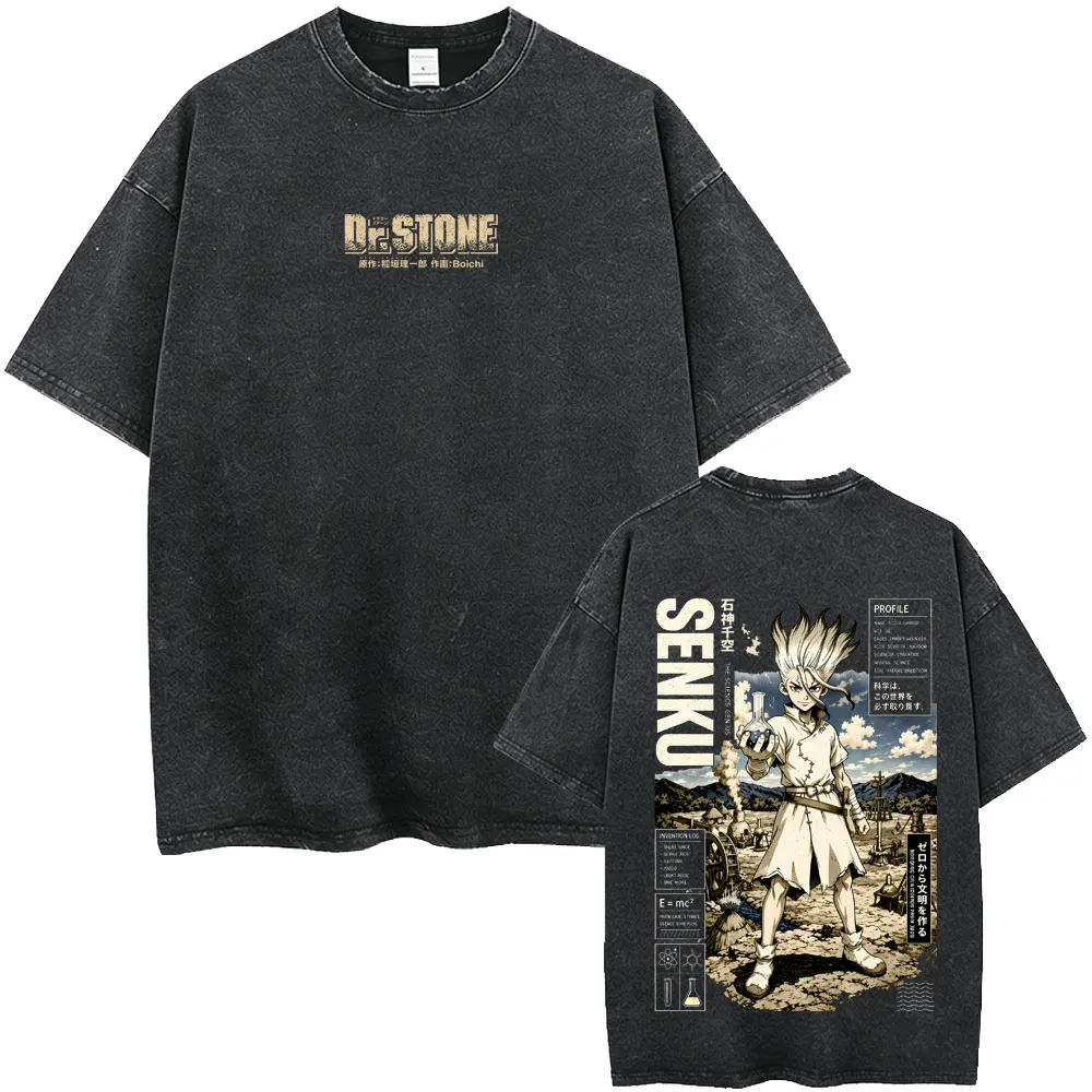 Washed Vintage Anime Dr. Stone Senku Ishigami Graphic T Shirt Men Women Casual Oversized T-shirts Men's Manga Retro Tops T-shirt